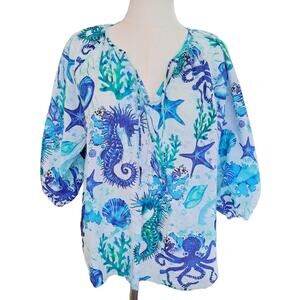SOHANA Sea Life Cotton Peasant Blouse Small Blue Coastal Resortwear Beachy Boho